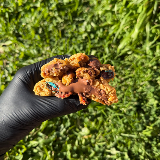 Cookie M&Mâs artisanal tenu Ă la main, avec cĆur fondant de Nutella coulant, pĂąte vanillĂ©e moelleuse et M&Mâs croquants visibles, sur fond vĂ©gĂ©tal vert en extĂ©rieur.