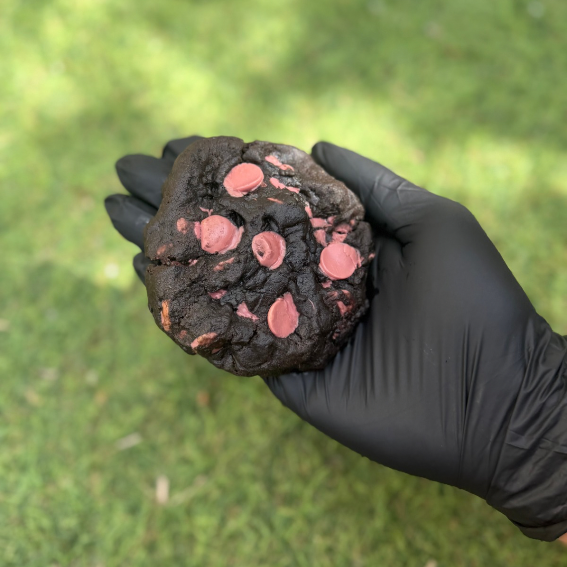 Cookie artisanal Halloween entier au cacao noir Callebaut garni de chocolat ruby Callebaut, tenu à la main, avec une texture épaisse et fondante sur fond végétal 