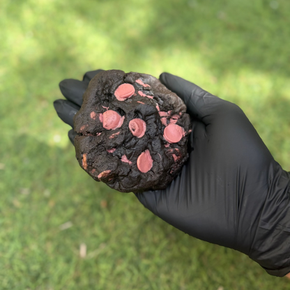 Cookie artisanal Halloween entier au cacao noir Callebaut garni de chocolat ruby Callebaut, tenu à la main, avec une texture épaisse et fondante sur fond végétal 